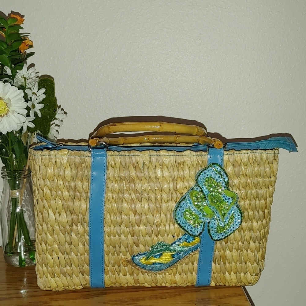 Tan and Blue Floral Vintage Trimmed Tote Bag